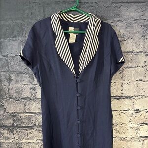 Nine2Nine Navy Button Front Dress Womans 12 Made in USA Vintage‎ Stripe Collar